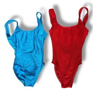 Vtg Jantzen Red bright Blue Ribbed Swimsuits kids girl size 8 medium vacation